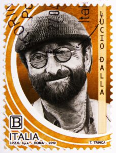 moscow, russia june 09, 2021: postage stamp printed in italy shows lucio dalla (1943 2012), serie, circa 2019